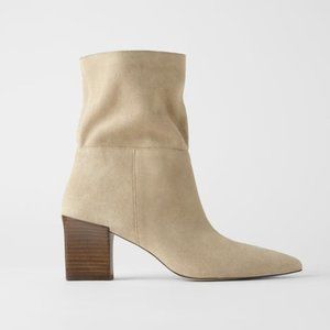 ZARA Soft Split Leather Heeled Pointed Ankle Boots